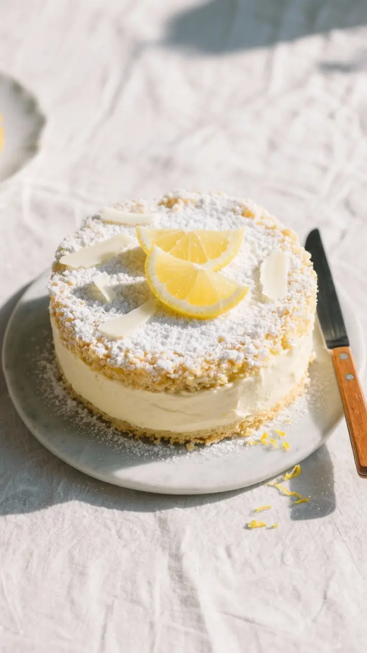 Tasty top view: overhead hero shot of the fully finished lemon cream cake, dusted with powdered suga
