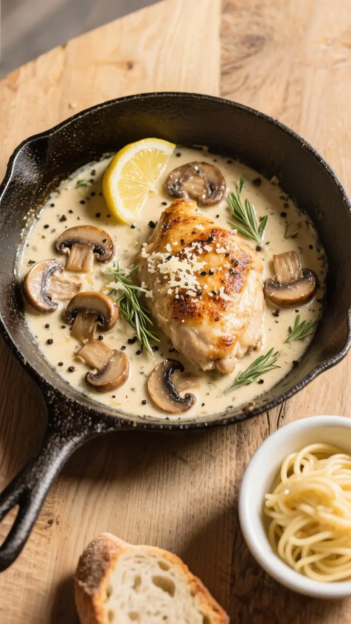 Tasty top view, overhead hero shot: Overhead shot of the full skillet at the table, chicken nestled
