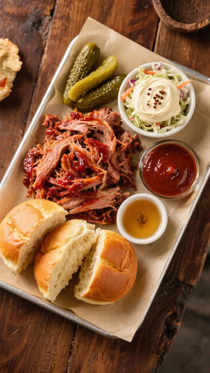 Tasty top view (overhead): Overhead shot of a build-your-own spread—platter of sauced pulled pork 