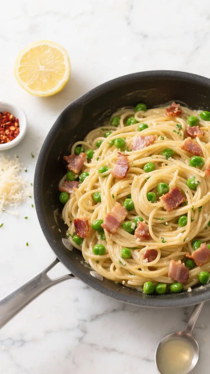 Tasty top view, overhead: Overhead shot of a family-style skillet of spaghetti tossed with peas and 