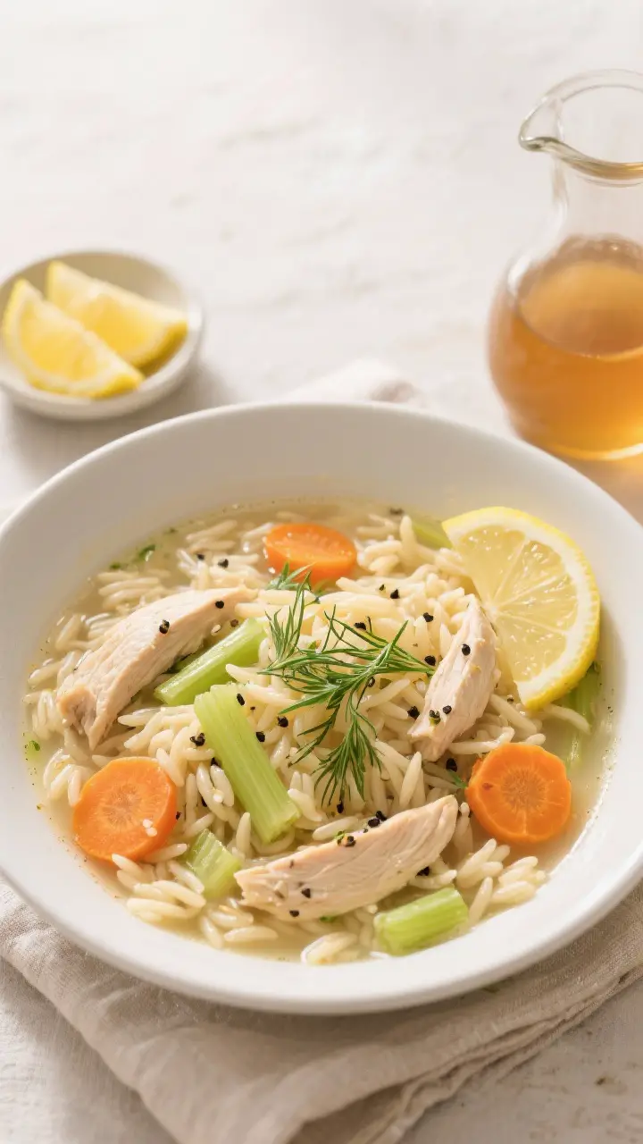 Tasty top view, overhead: Overhead shot of a generous bowl of lemon chicken orzo soup with silky orz