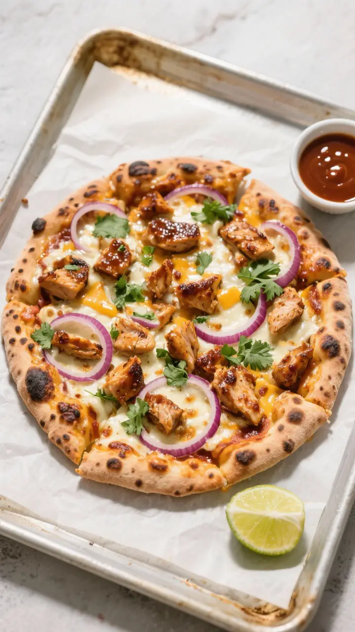 Tasty top view, overhead: Overhead shot of a just-baked BBQ chicken pizza on parchment over an overt