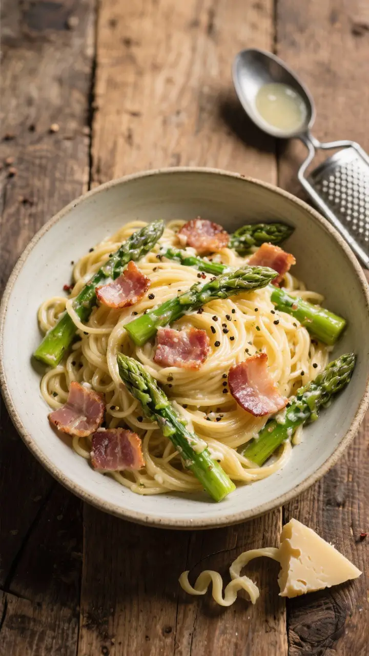 Tasty top view (overhead): Overhead shot of a wide, shallow serving bowl filled with Asparagus and B