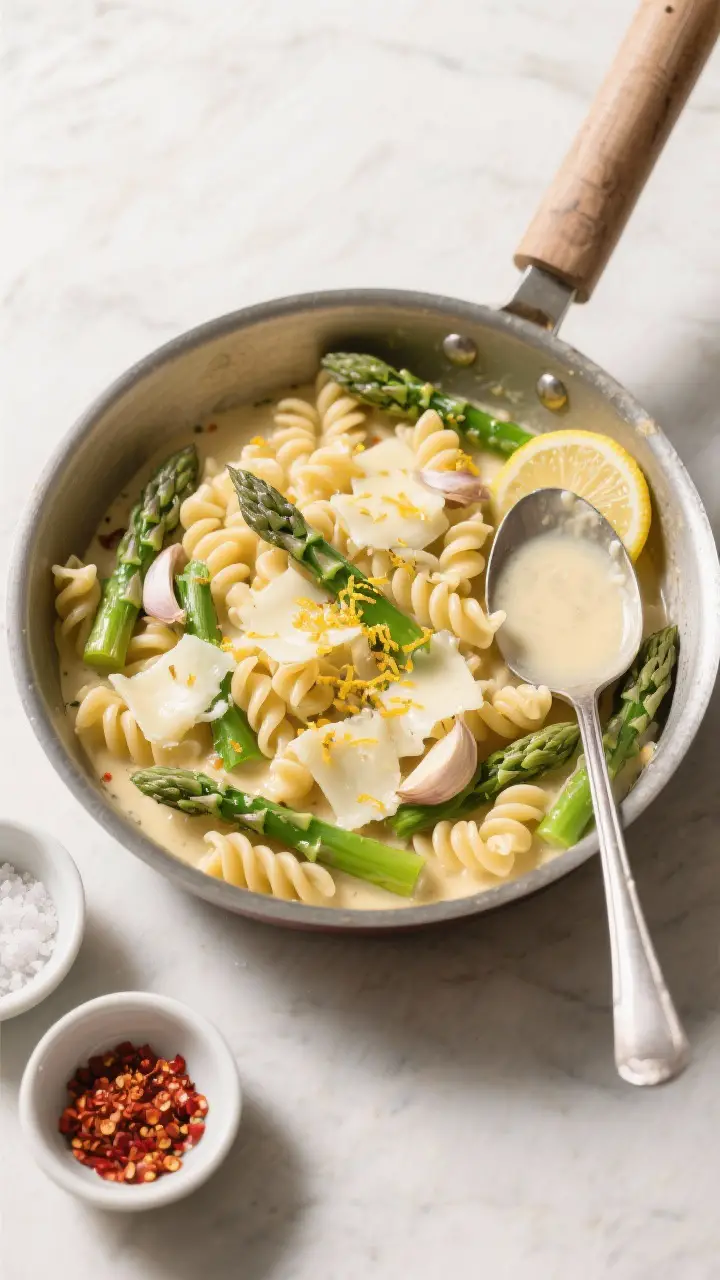 Tasty top view (overhead): Overhead shot of cavatappi being finished in the pan—cheese emulsifying