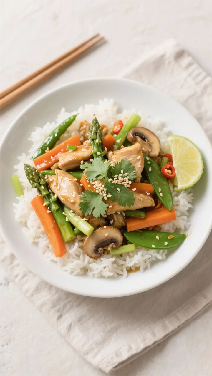 Tasty top view, overhead: Overhead shot of Chicken and Spring Vegetable Stir Fry served over fluffy 