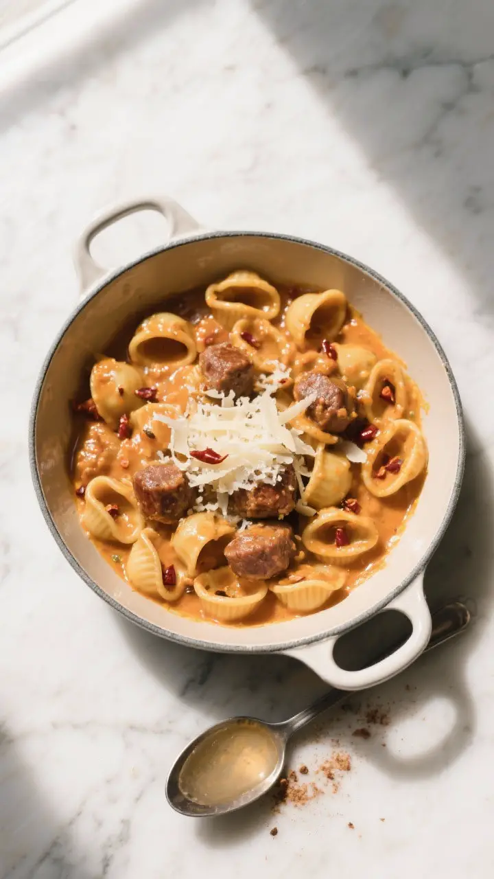 Tasty top view, overhead: Overhead shot of orecchiette tossed in pumpkin sausage sauce, finished in