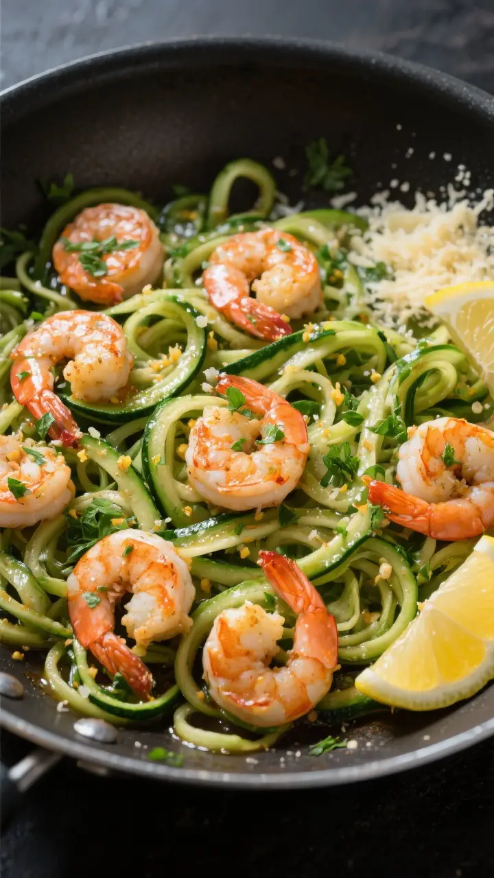 Tasty top view, overhead: Overhead shot of shrimp scampi with zucchini noodles just tossed together 