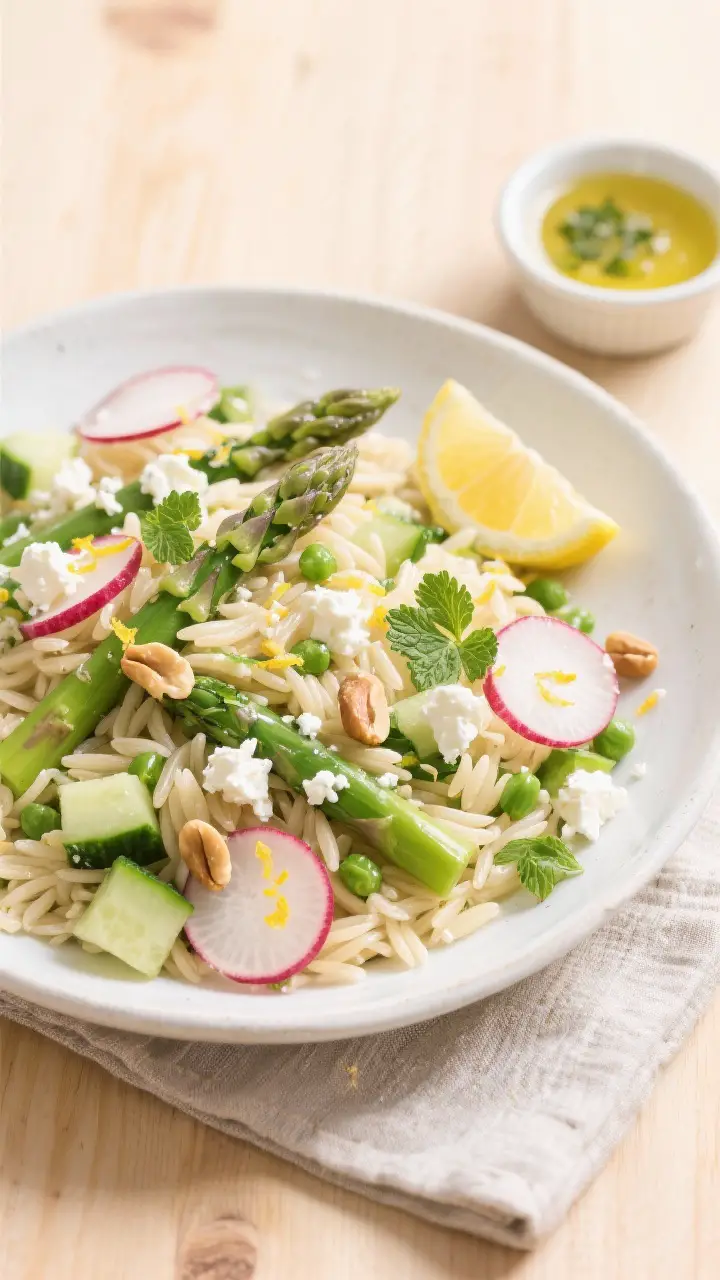 Tasty top view, overhead: Overhead shot of Spring Vegetable Orzo Salad in a wide, shallow white bowl