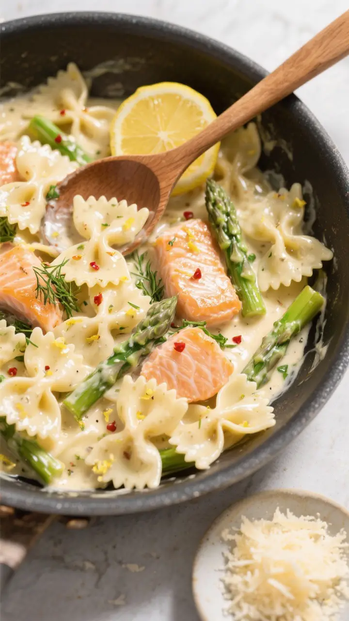 Tasty top-view overhead: Overhead shot of the completed farfalle with salmon and asparagus in the sk