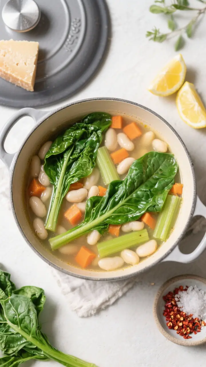 Tasty top view, overhead: Overhead shot of the soup in a Dutch oven showing bright green ribbons of