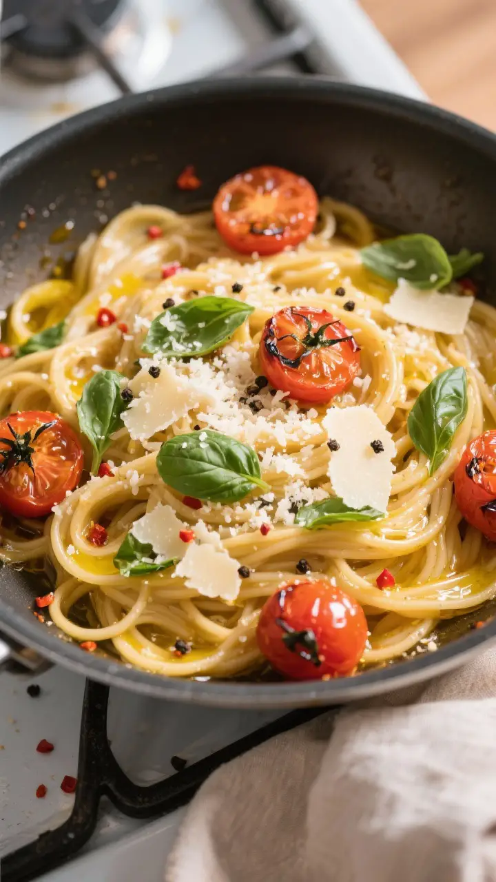Tasty top view, overhead: Overhead shot of Tomato Basil Pasta just finished in the pan—linguine gl