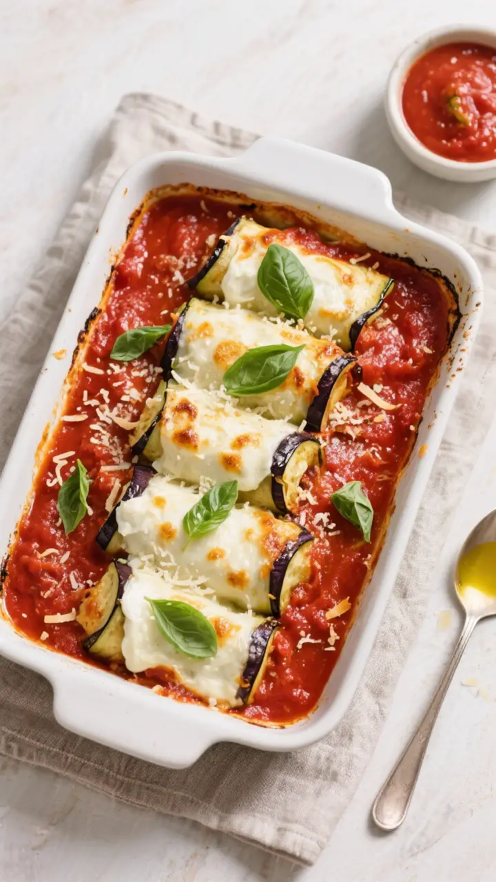 Tasty top view: Overhead shot of a 9x13 baking dish just out of the oven—eggplant rollatini nestle