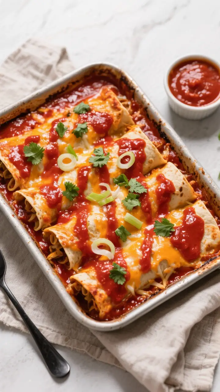 Tasty top view: Overhead shot of a 9x13 pan of cheese enchiladas just out of the oven, generously bl