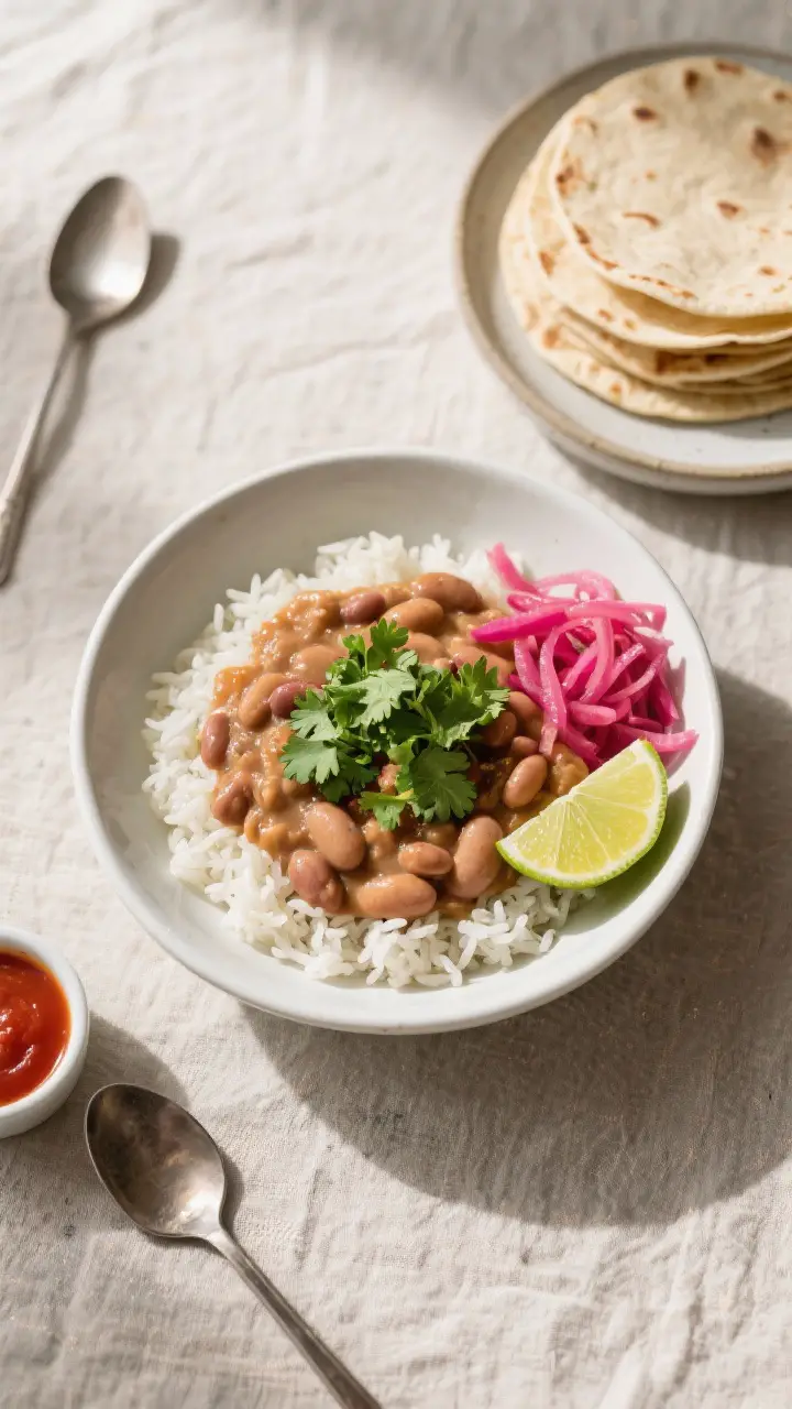 Tasty top view: Overhead shot of a bowl of finished pinto beans served over fluffy white rice, cream