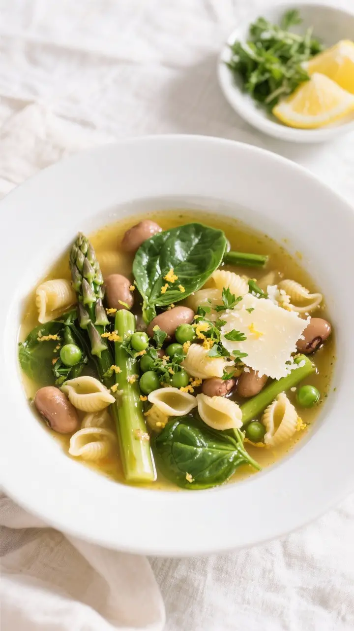 Tasty top view: Overhead shot of a bowl of Spring Minestrone just served—clear, golden broth cradl
