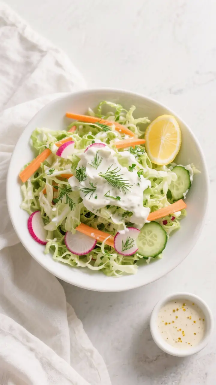 Tasty top view: Overhead shot of a bright spring coleslaw in a wide white bowl—shredded green/Napa