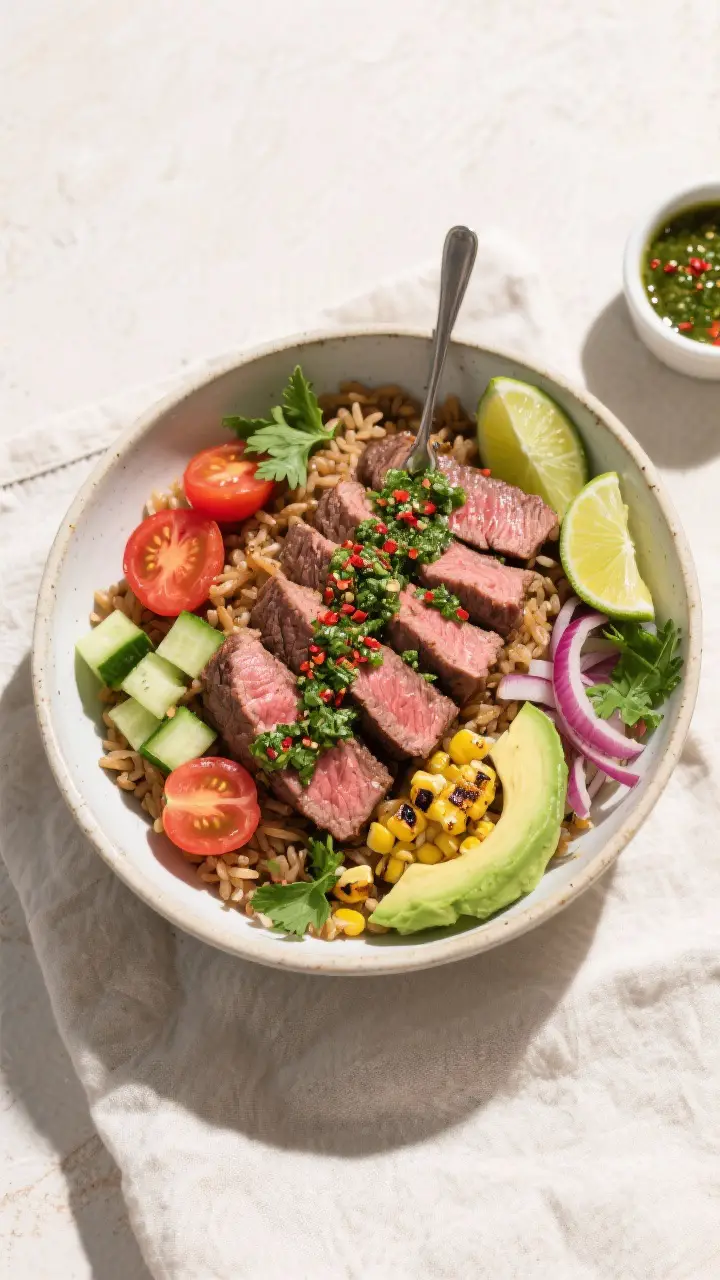Tasty top view: Overhead shot of a chimichurri steak bowl assembled over warm brown rice, neatly fan