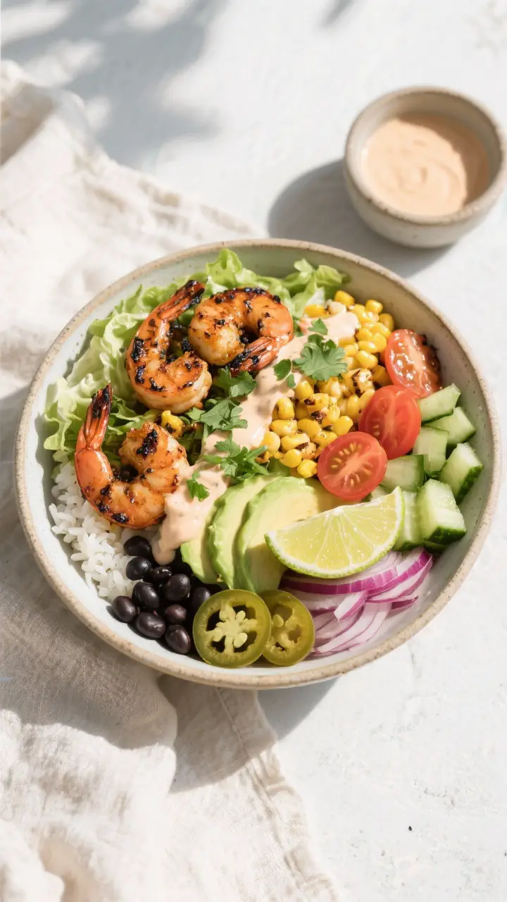 Tasty top view: Overhead shot of a composed Blackened Shrimp Bowl with jasmine rice base, shredded l