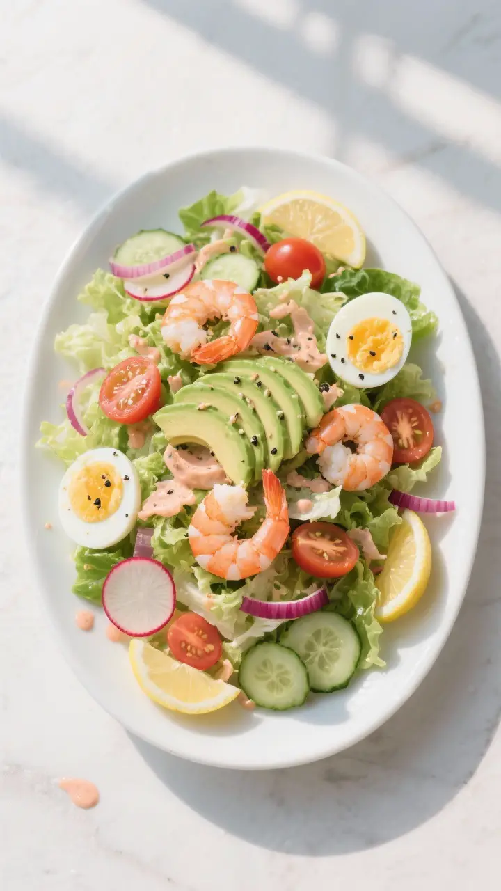 Tasty top view: Overhead shot of a composed Shrimp Louie Salad on a wide white platter—crisp chopp