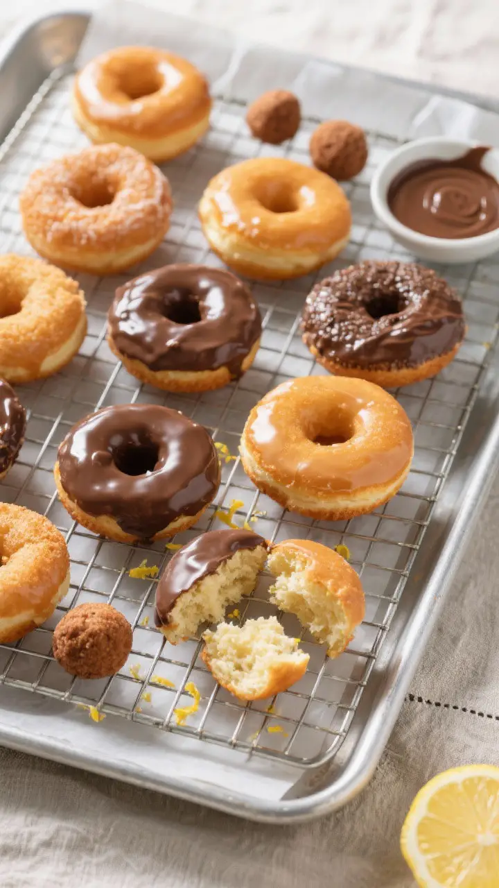 Tasty top view: Overhead shot of a cooling rack filled with old-fashioned sour cream donuts and donu