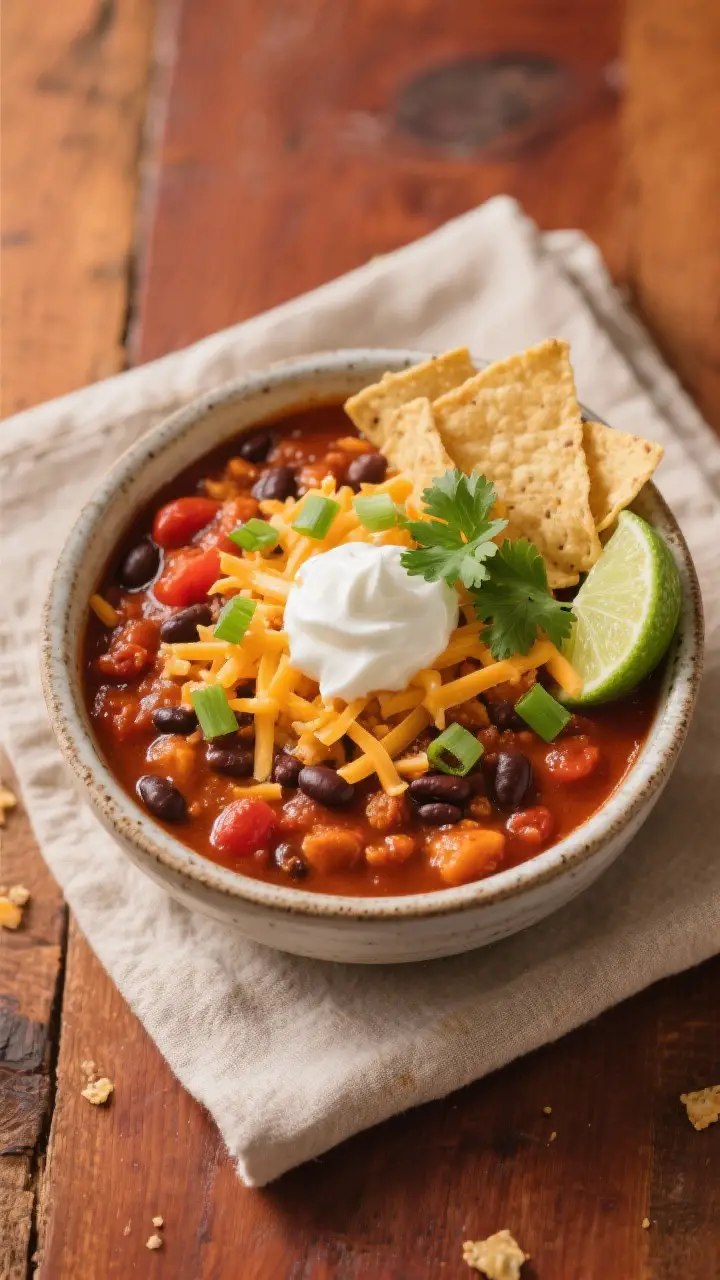 Tasty top view: Overhead shot of a cozy bowl of pumpkin chili with a luxurious, velvety surface, top
