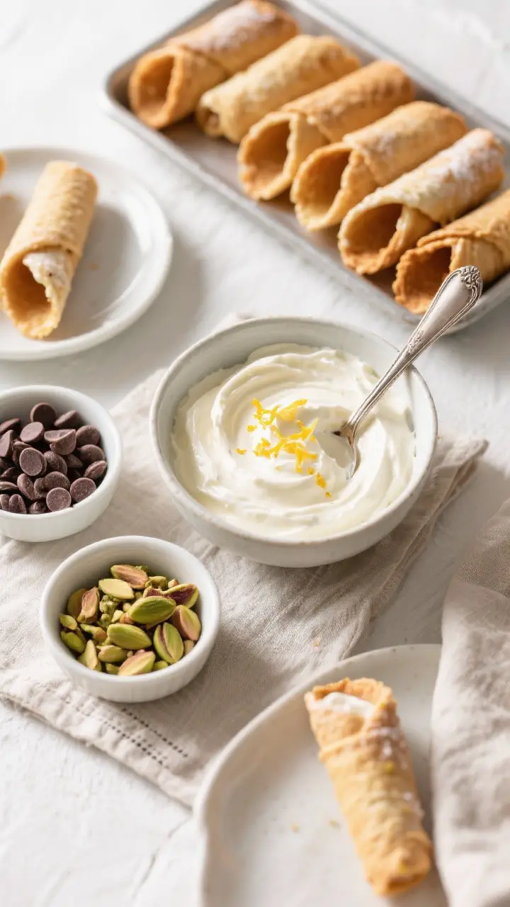 Tasty top view: Overhead shot of a DIY cannoli bar setup featuring a bowl of chilled cannoli cream (