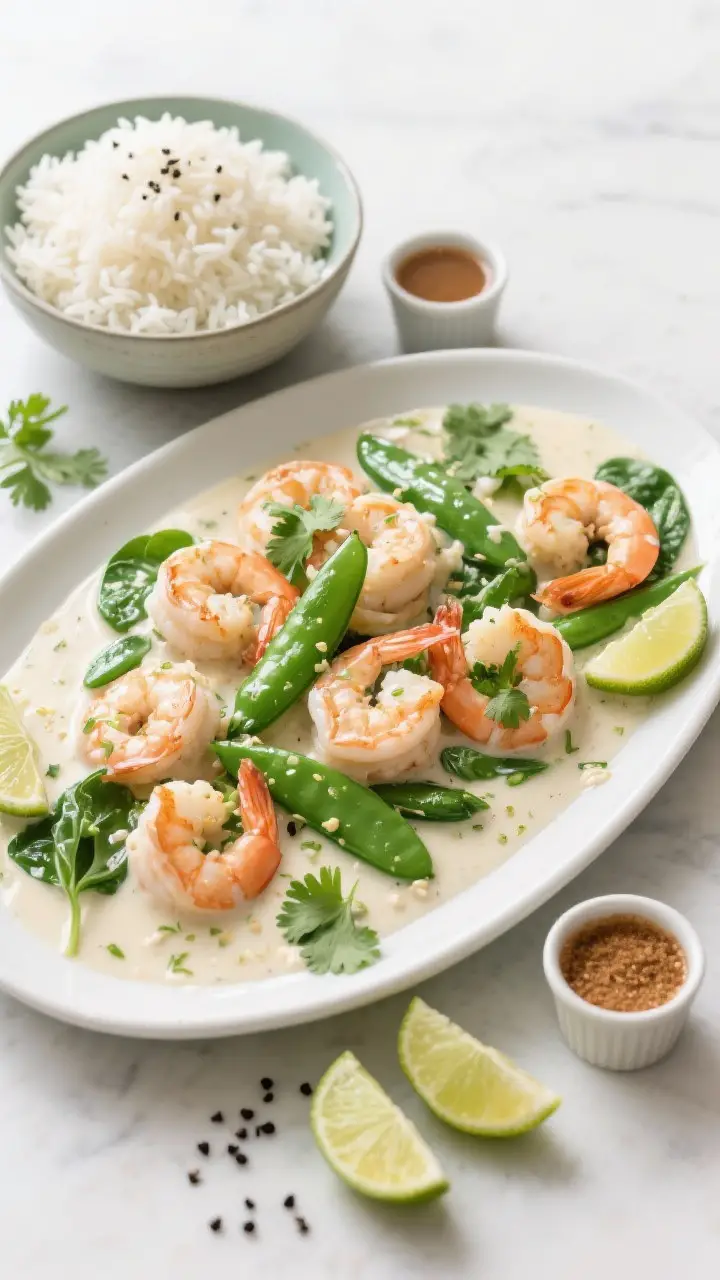 Tasty top view: Overhead shot of a family-style serving—large platter of coconut-lime shrimp with 