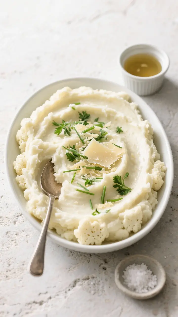 Tasty top view: Overhead shot of a family-style serving dish of mashed cauliflower on a light stone