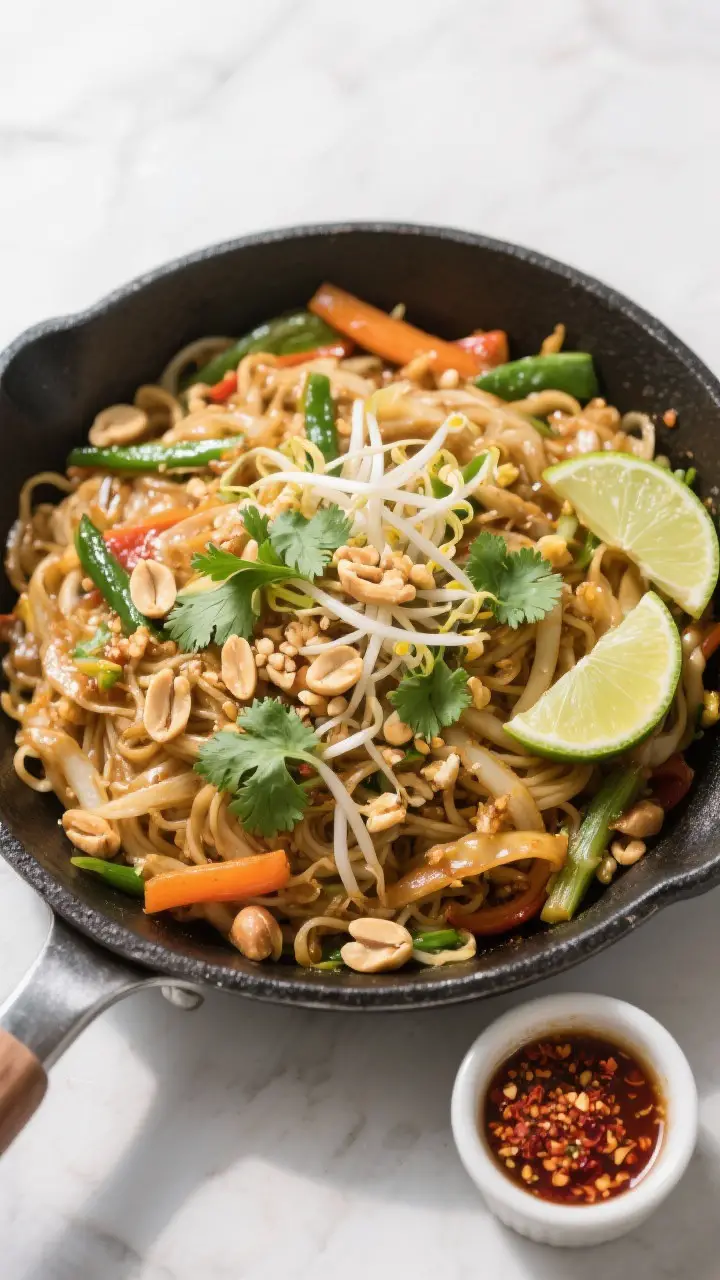 Tasty top view: Overhead shot of a family-style skillet of finished Vegetable Pad Thai, evenly distr