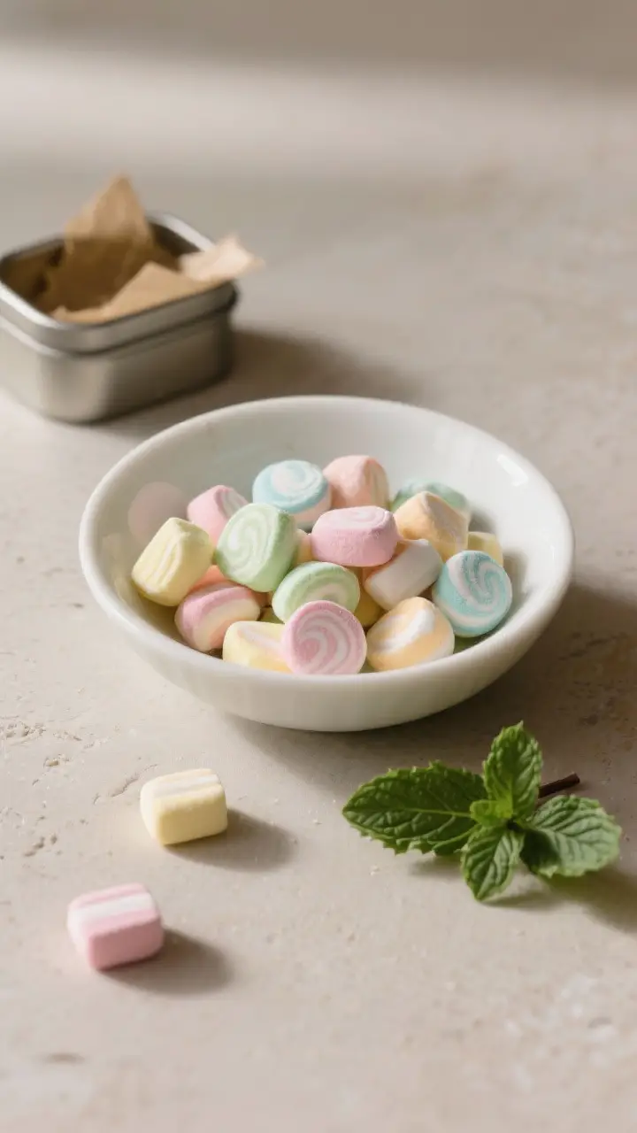 Tasty top view: Overhead shot of a final presentation of butter mints arranged in a shallow white po