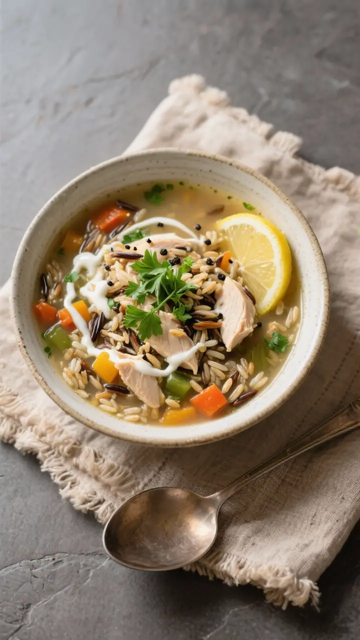 Tasty top view: Overhead shot of a finished bowl of chicken and wild rice soup, garnished with fresh