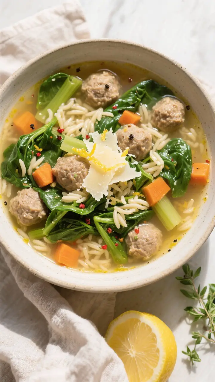 Tasty top view: Overhead shot of a finished bowl of Italian Wedding Soup with spring greens—tiny m