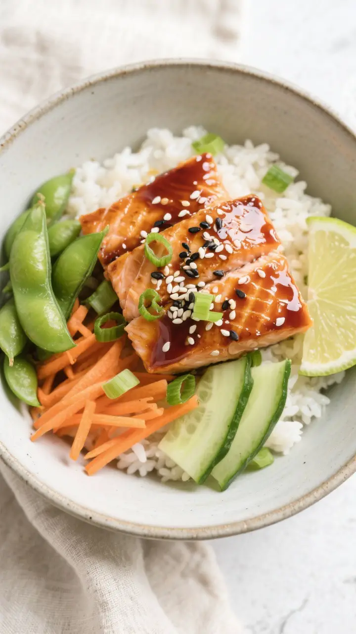 Tasty top view: Overhead shot of a finished Teriyaki Salmon Bowl—warm jasmine rice base topped wit