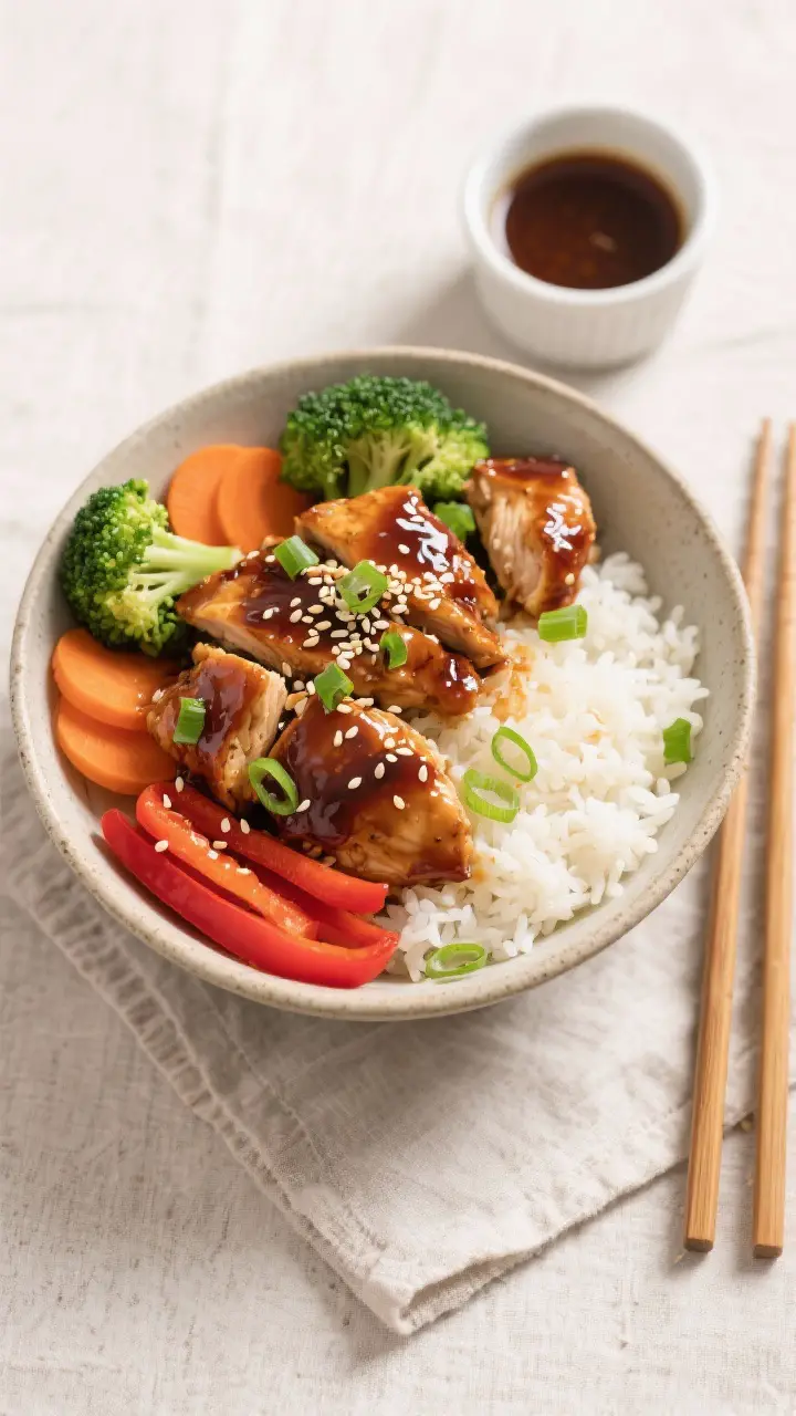 Tasty top view: Overhead shot of a finished Teriyaki Chicken Bowl with warm jasmine rice, saucy chic