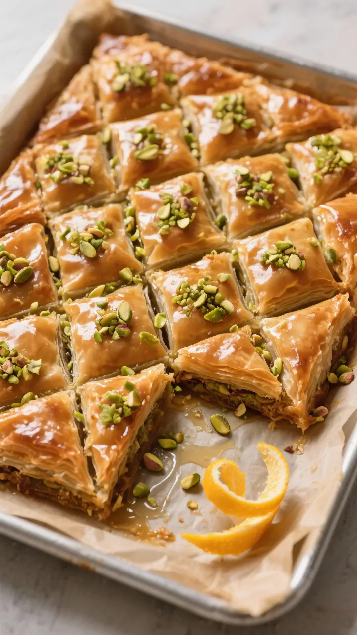 Tasty top view: Overhead shot of a full pan of finished baklava after resting, syrup fully absorbed,