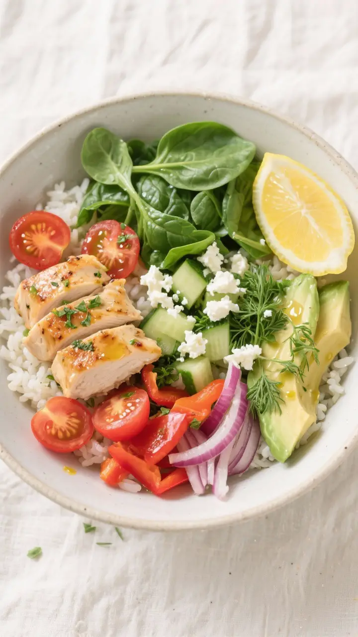 Tasty top view: Overhead shot of a fully assembled Lemon Herb Chicken Rice Bowl—fluffy jasmine ric