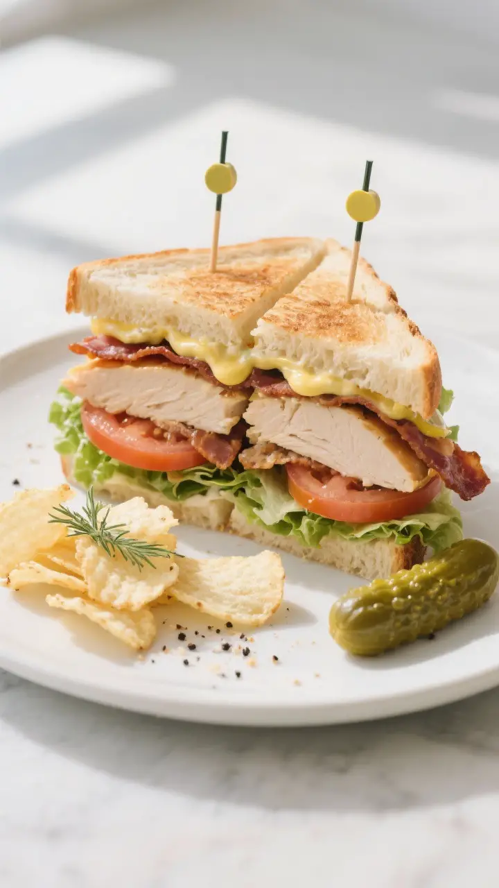 Tasty top view: Overhead shot of a fully assembled Chicken Club Sandwich cut into neat quarters, eac
