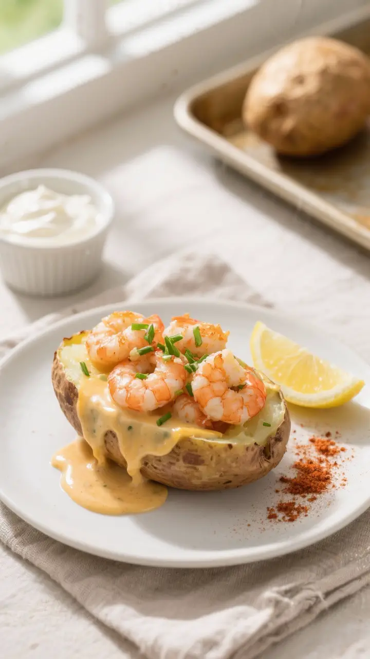 Tasty top view: Overhead shot of a fully assembled Shrimp Baked Potato on a matte white plate; shrim