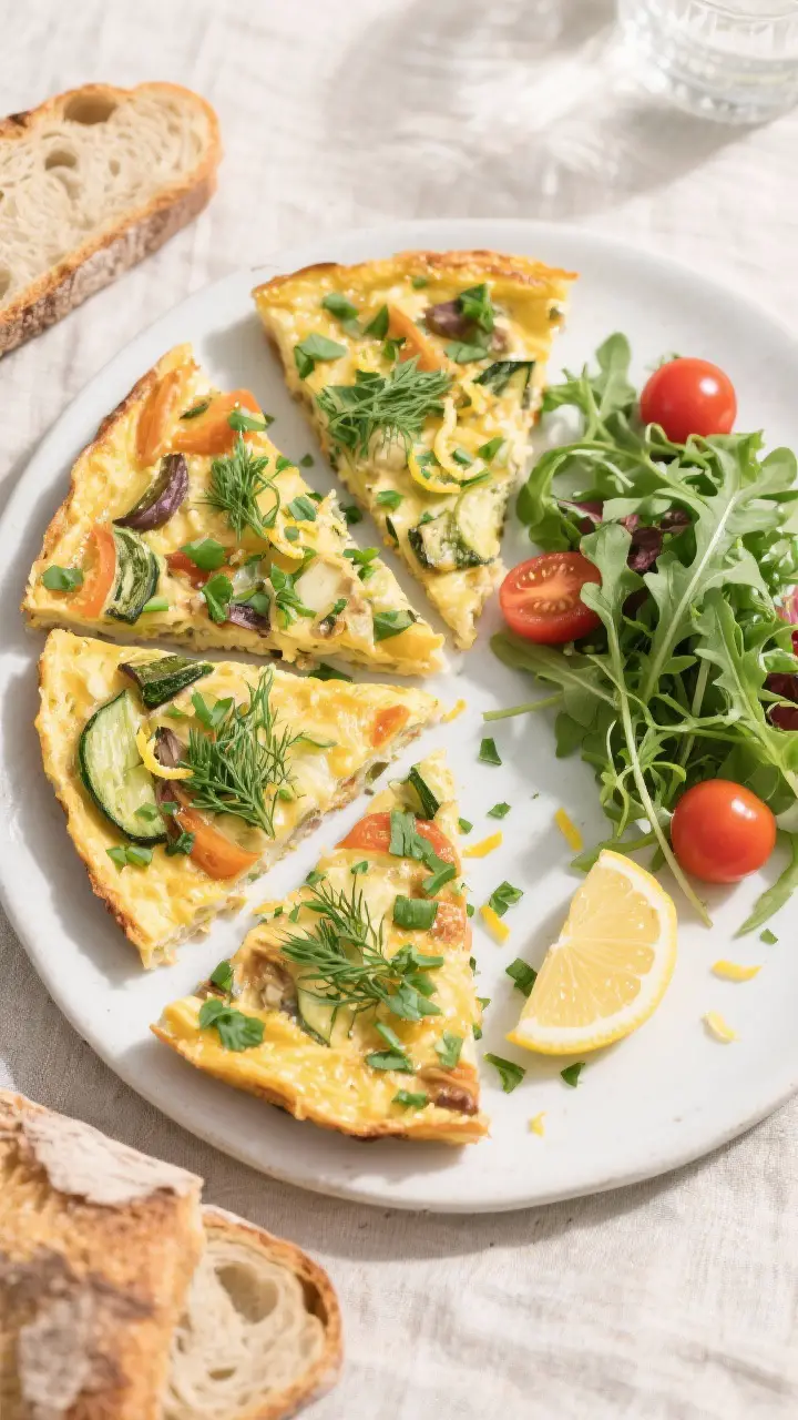 Tasty top view: Overhead shot of a fully baked spring vegetable frittata sliced into neat wedges and