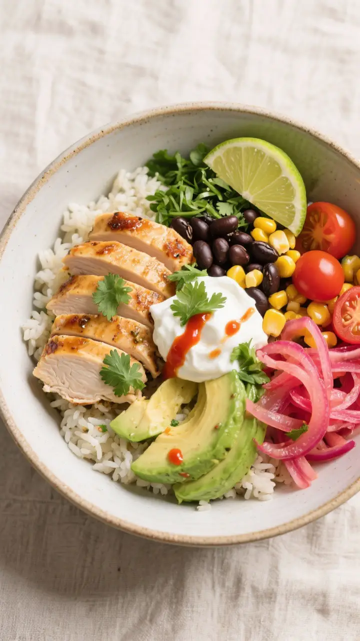 Tasty top view: Overhead shot of a fully built Cilantro Lime Chicken Bowl—cilantro-lime rice base