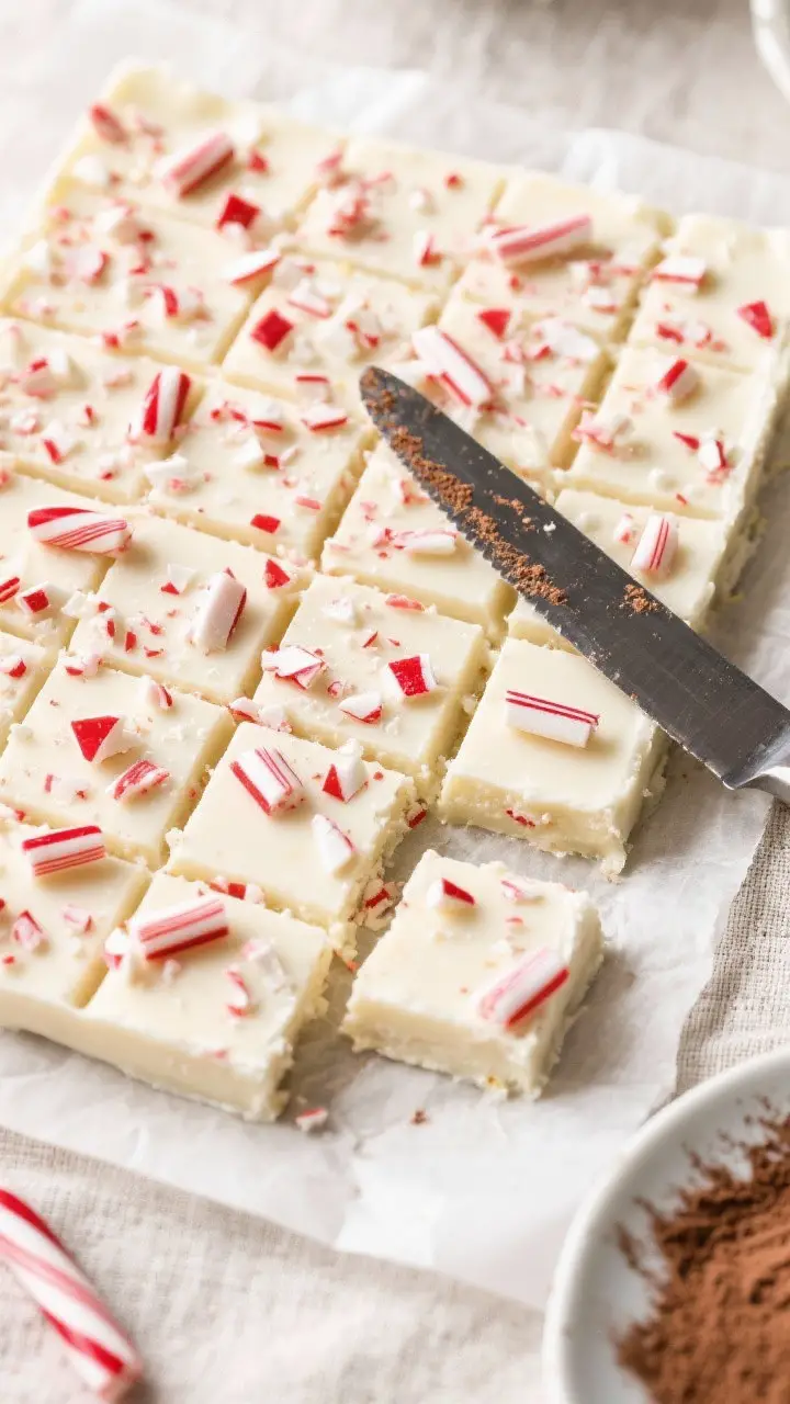 Tasty top view: Overhead shot of a fully set white chocolate peppermint fudge slab on parchment, spr