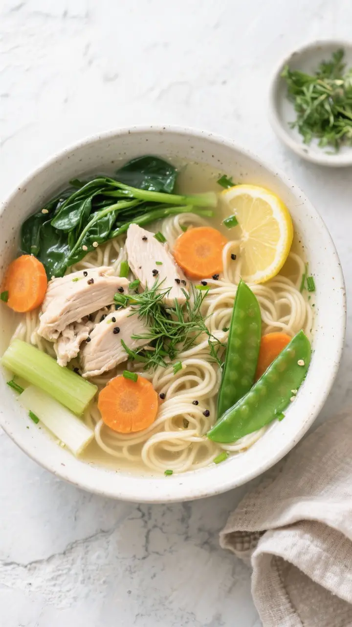 Tasty top view: Overhead shot of a generously filled bowl of spring chicken noodle soup on a light s