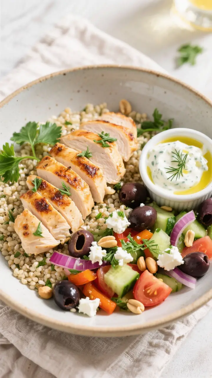 Tasty top view: Overhead shot of a Greek Chicken Grain Bowl assembled with quinoa base, neatly fanne