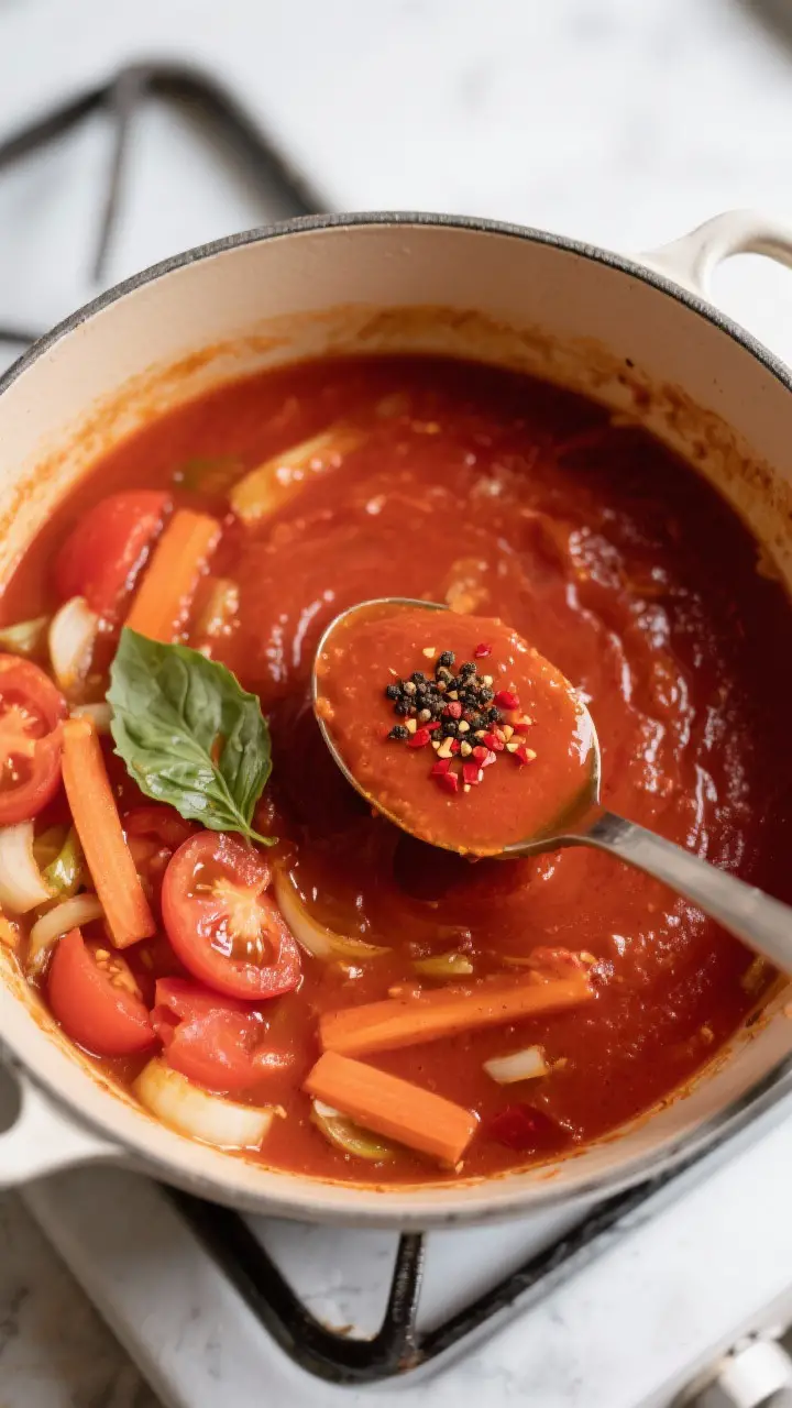 Tasty top view: Overhead shot of a ladle dipping into a Dutch oven of simmering tomato basil soup du