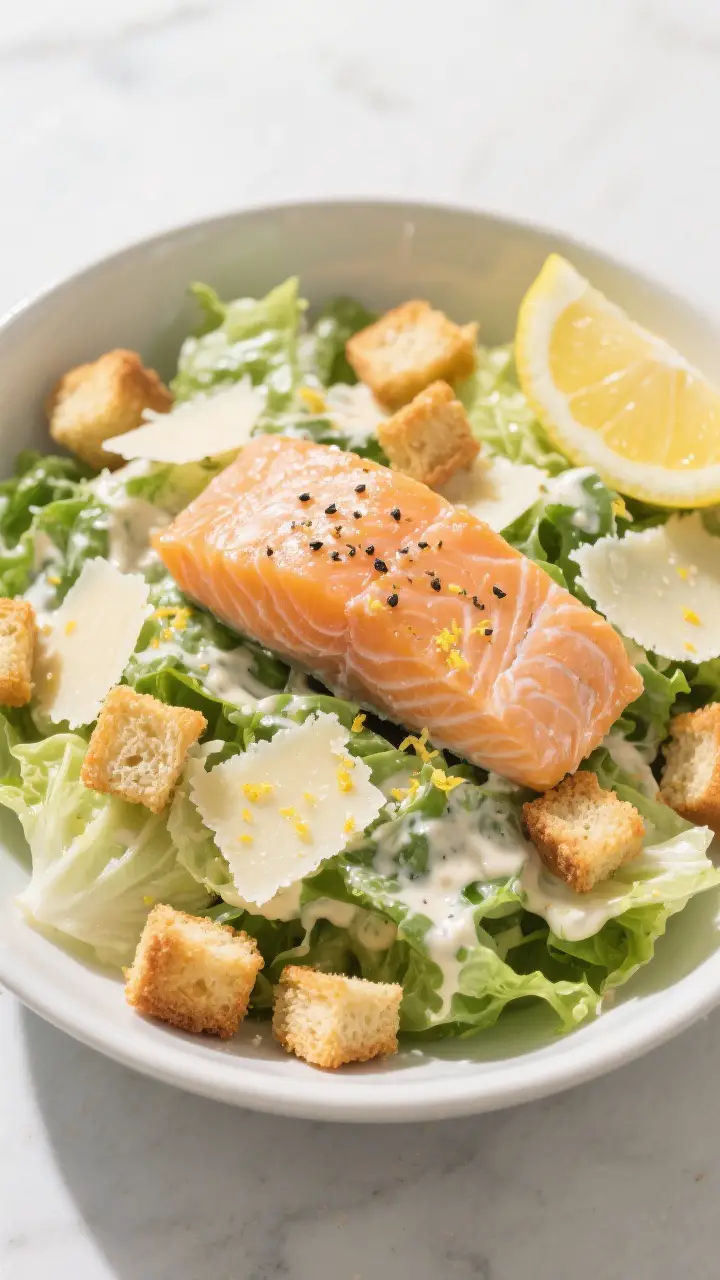 Tasty top view: Overhead shot of a large bowl of Salmon Caesar Salad—chilled, crunchy romaine ligh