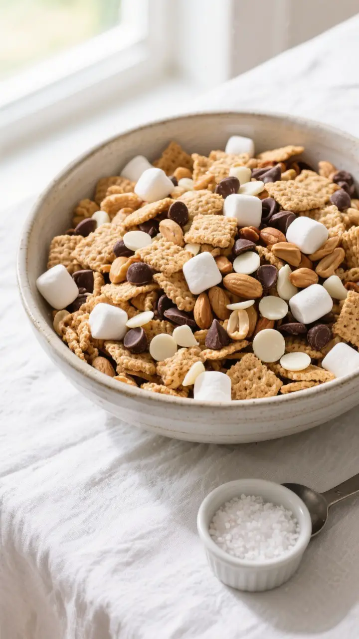 Tasty top view: Overhead shot of a large ceramic serving bowl brimming with the final Smores Snack M