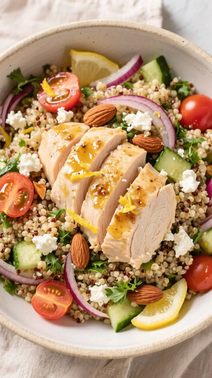 Tasty top view: Overhead shot of a large mixing bowl of warm quinoa salad just before serving—fluf
