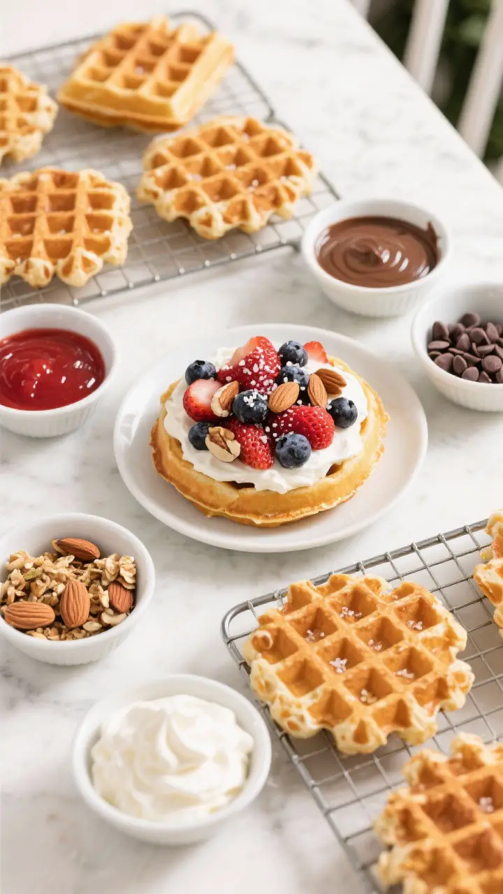 Tasty top view: Overhead shot of a make-your-own Very Berry Eggo Waffle Bar setup mid-assembly—sev
