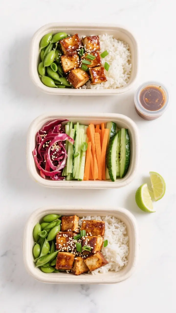 Tasty top view: Overhead shot of a meal-prep lineup—three open containers showing assembled bowls: