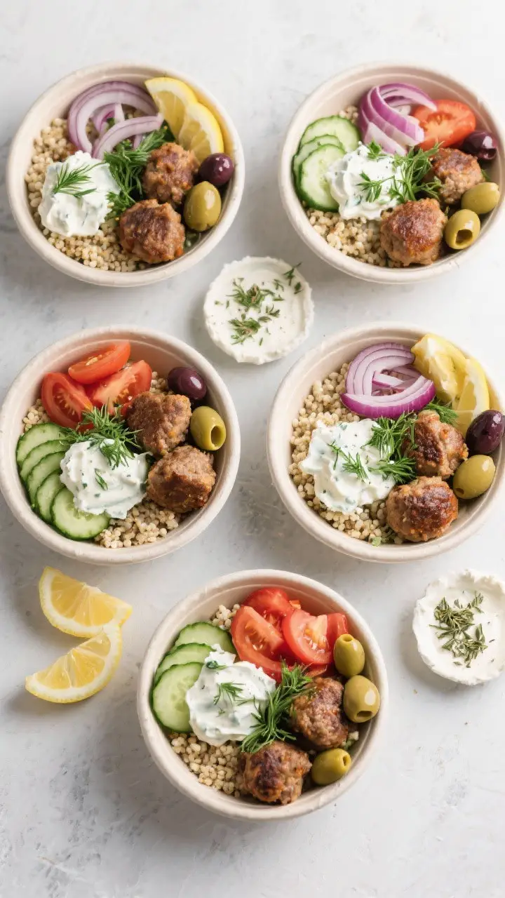 Tasty top view: Overhead shot of a meal-prep spread of assembled Greek Meatball Bowls, each showing 